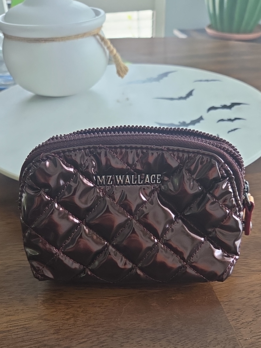 MZ Wallace Quilted Metallic Cosmetic Pouch in Shiny Wine